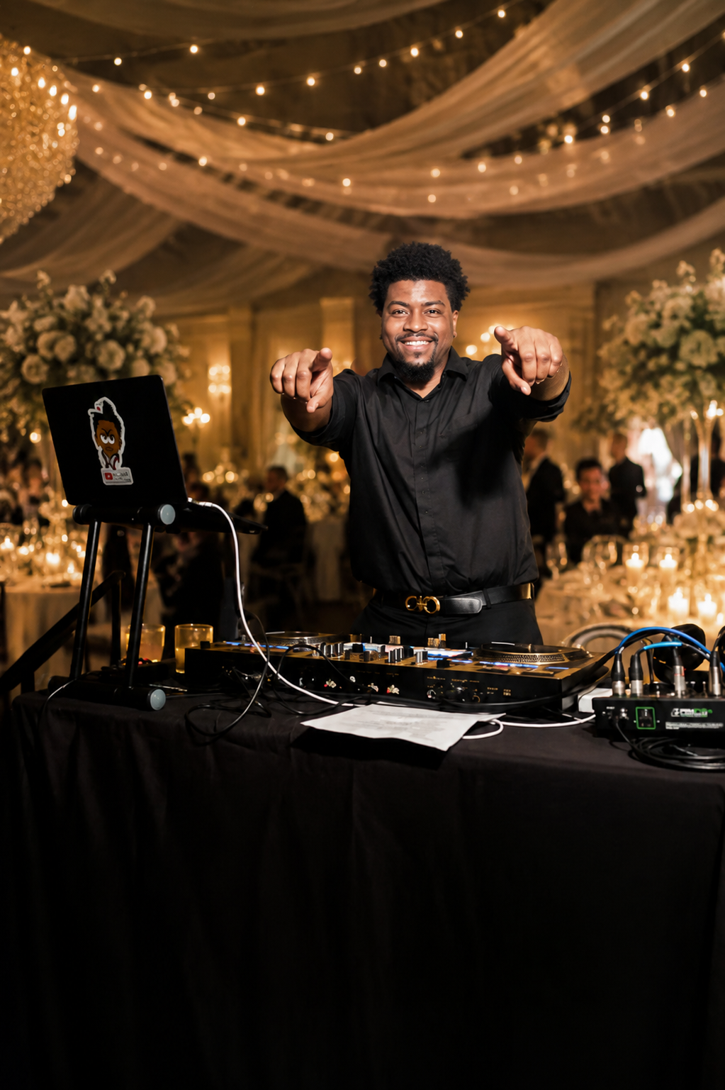 Darryl McDaniel of DMC Entertainment DJing at an elegant wedding reception, pointing to the crowd